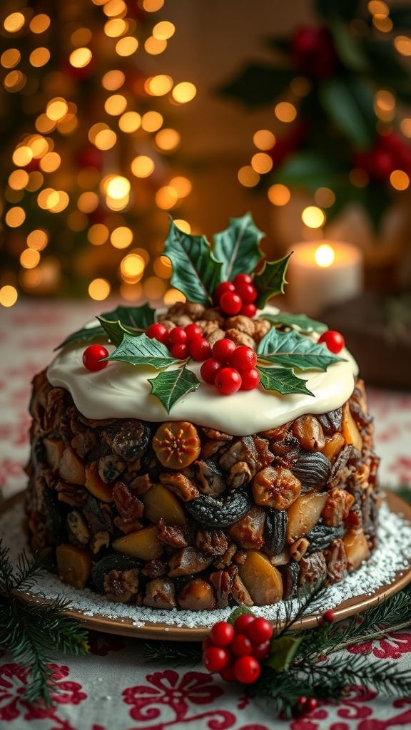 A traditional Christmas fruit cake decorated with marzipan and icing, garnished with holly, on a festive table.